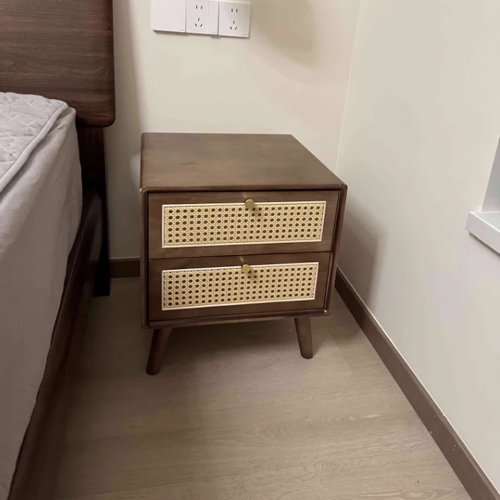 Traditional Chinese Rubberwood Rattan Rounded Square Nightstand 2-Drawer For Bedroom