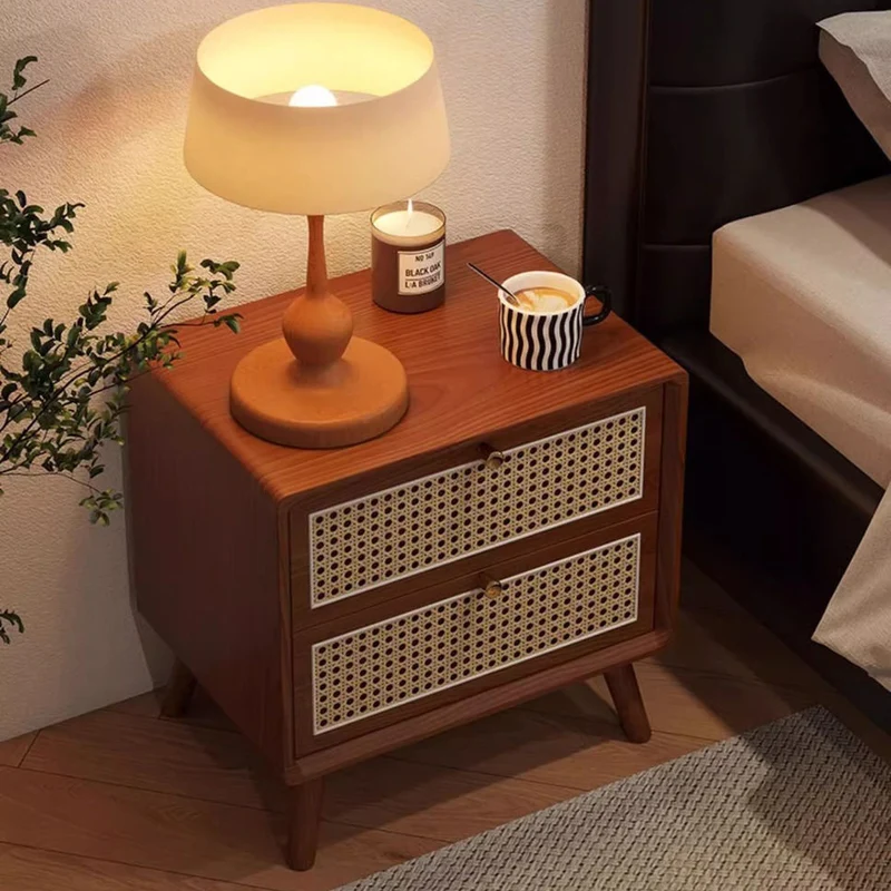 Traditional Chinese Rubberwood Rattan Rounded Square Nightstand 2-Drawer For Bedroom