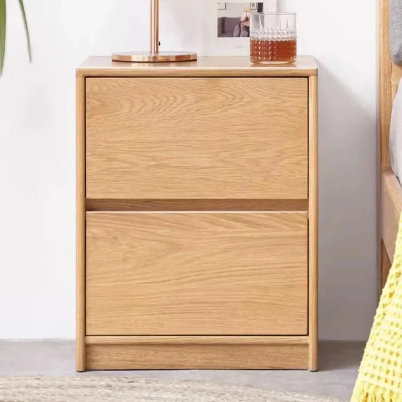Traditional Vintage Red Oak Paulownia Wood Rounded Rectangular Nightstand With 2 Drawers For Bedroom