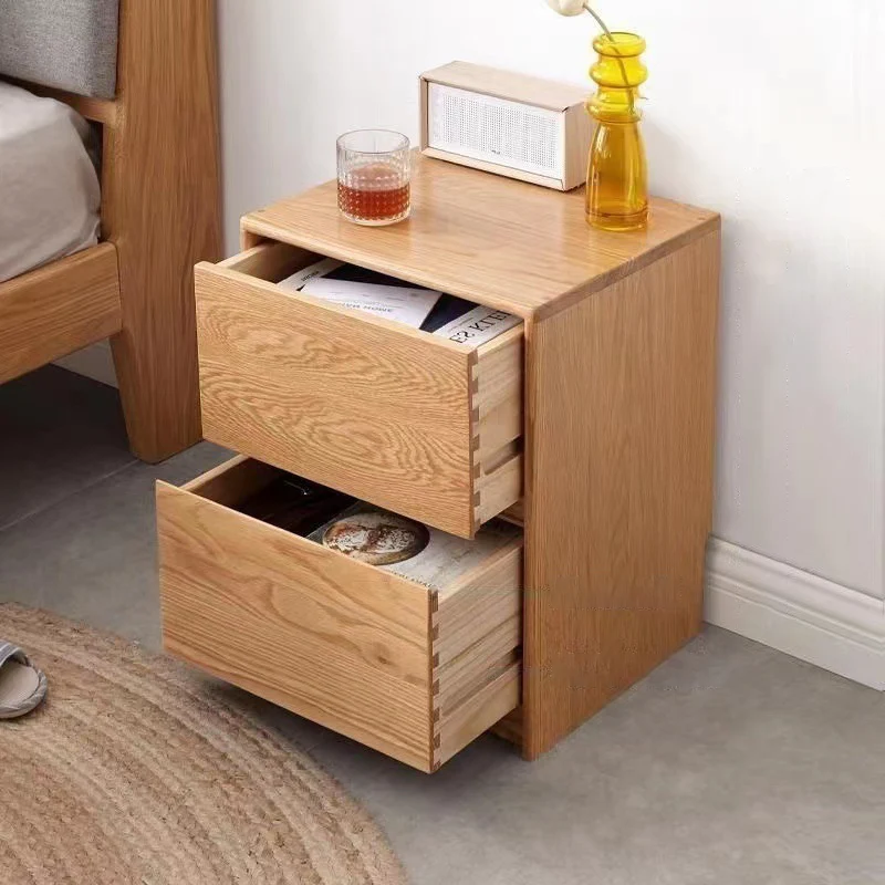 Traditional Vintage Red Oak Paulownia Wood Rounded Rectangular Nightstand With 2 Drawers For Bedroom