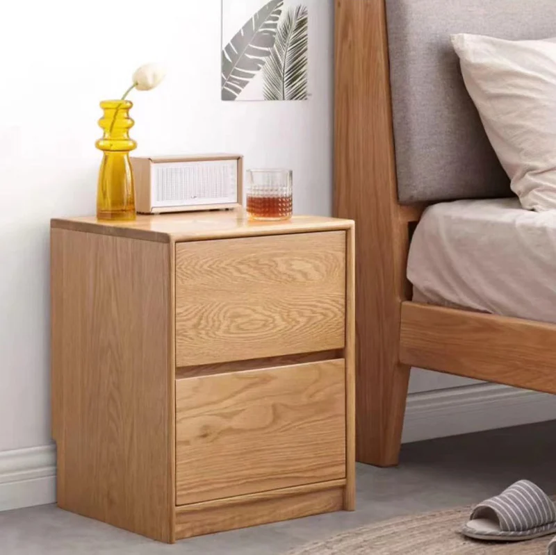 Traditional Vintage Red Oak Paulownia Wood Rounded Rectangular Nightstand With 2 Drawers For Bedroom
