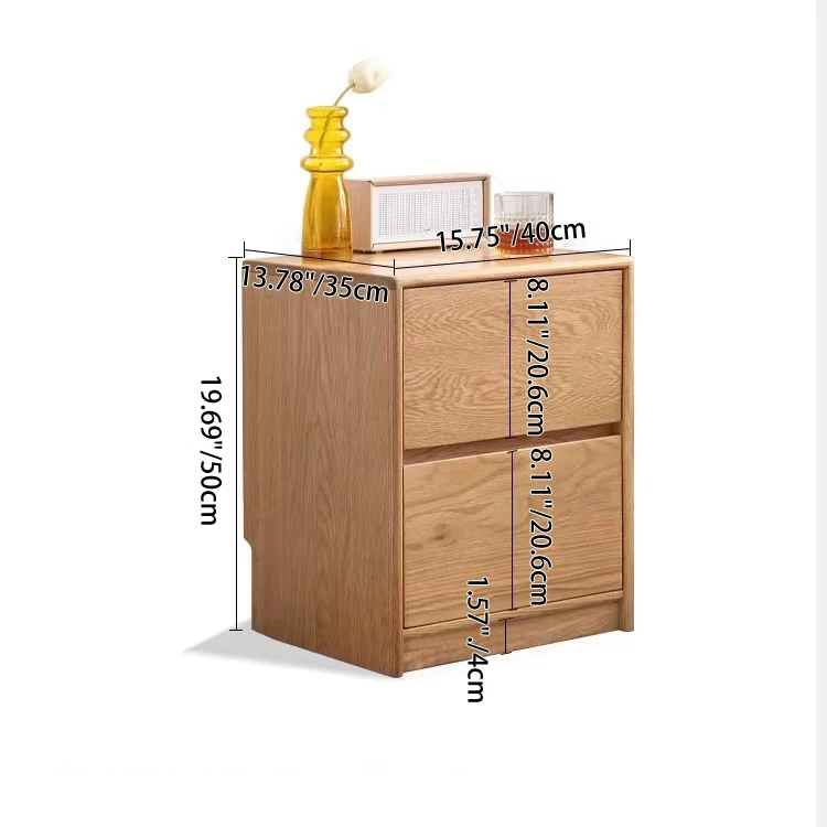 Traditional Vintage Red Oak Paulownia Wood Rounded Rectangular Nightstand With 2 Drawers For Bedroom