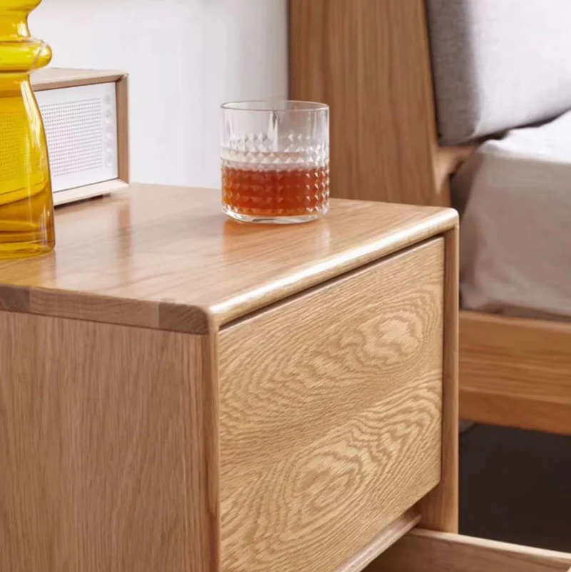 Traditional Vintage Red Oak Paulownia Wood Rounded Rectangular Nightstand With 2 Drawers For Bedroom