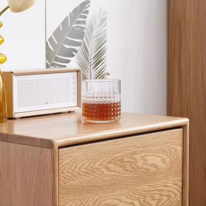 Traditional Vintage Red Oak Paulownia Wood Rounded Rectangular Nightstand With 2 Drawers For Bedroom