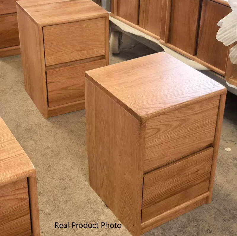 Traditional Vintage Red Oak Paulownia Wood Rounded Rectangular Nightstand With 2 Drawers For Bedroom