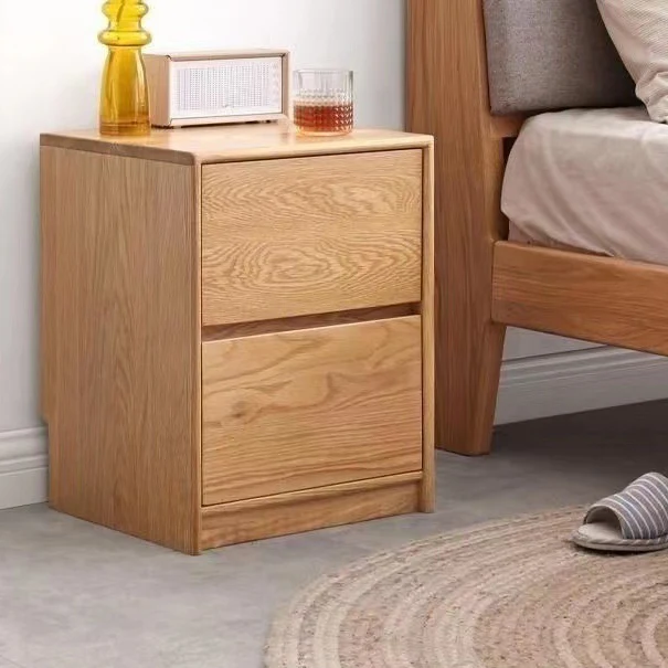 Traditional Vintage Red Oak Paulownia Wood Rounded Rectangular Nightstand With 2 Drawers For Bedroom