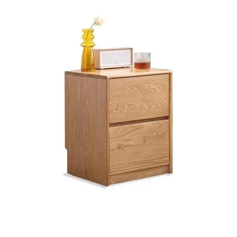 Traditional Vintage Red Oak Paulownia Wood Rounded Rectangular Nightstand With 2 Drawers For Bedroom
