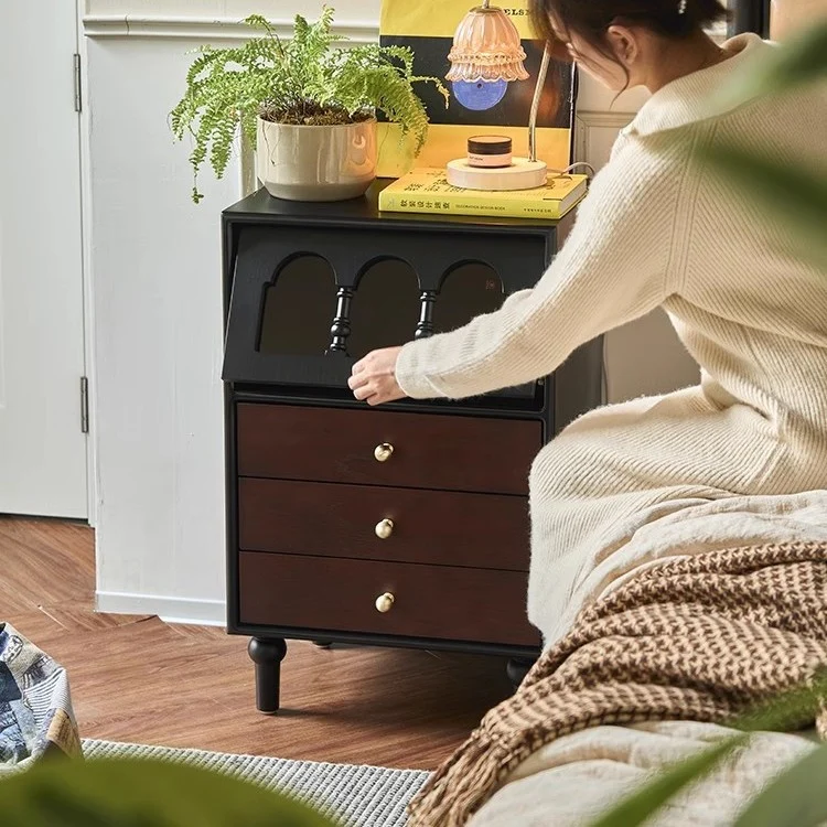 Traditional French Pine Wood Solid Wood Plywood Arched Rectangular Nightstand With 3 Drawers For Bedroom