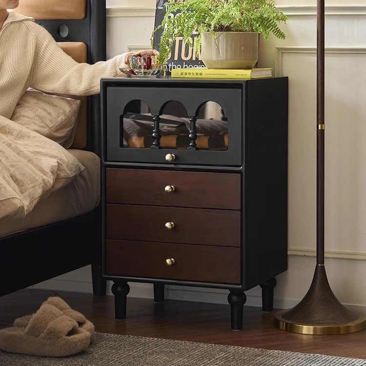 Traditional French Pine Wood Solid Wood Plywood Arched Rectangular Nightstand With 3 Drawers For Bedroom