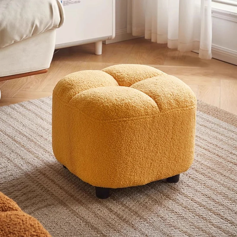 Contemporary Nordic Square Sherpa Fabric Sponge Wood Low Stool Backless Armless For Entryway & Hallway