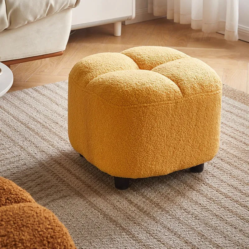 Contemporary Nordic Square Sherpa Fabric Sponge Wood Low Stool Backless Armless For Entryway & Hallway