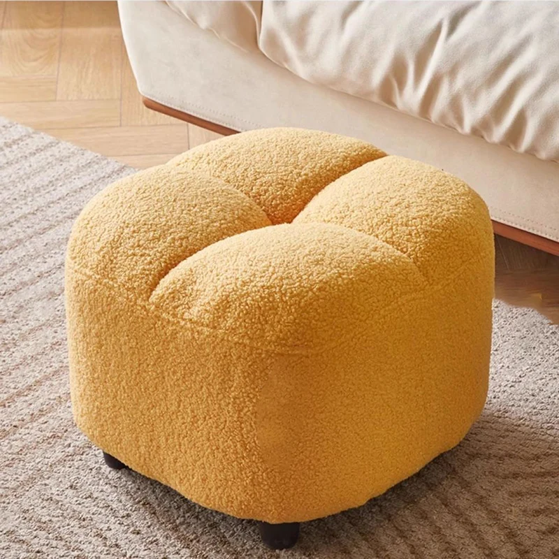 Contemporary Nordic Square Sherpa Fabric Sponge Wood Low Stool Backless Armless For Entryway & Hallway