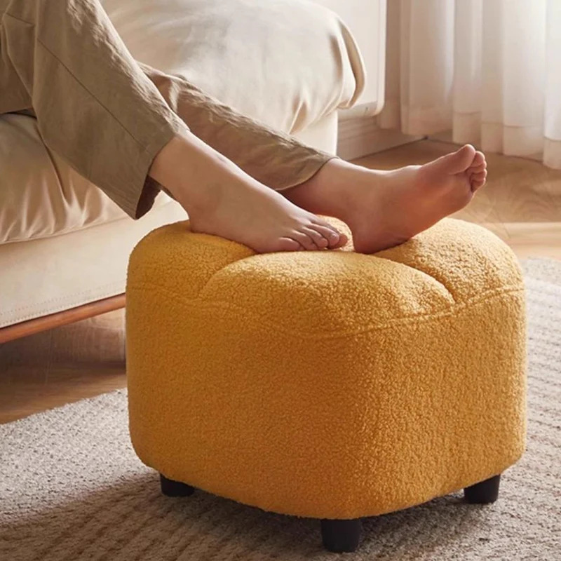 Contemporary Nordic Square Sherpa Fabric Sponge Wood Low Stool Backless Armless For Entryway & Hallway