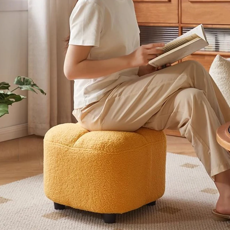 Contemporary Nordic Square Sherpa Fabric Sponge Wood Low Stool Backless Armless For Entryway & Hallway