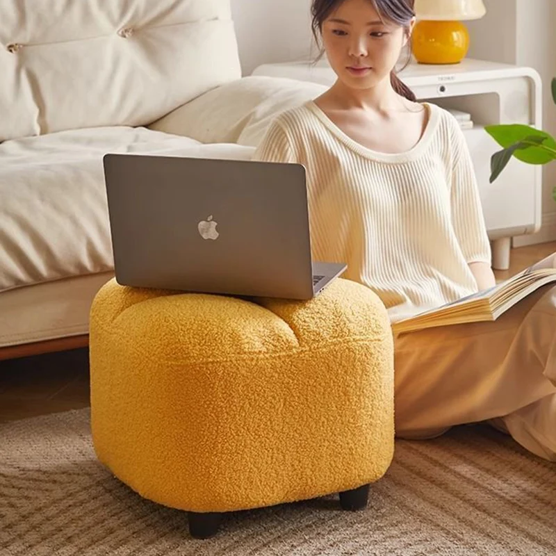 Contemporary Nordic Square Sherpa Fabric Sponge Wood Low Stool Backless Armless For Entryway & Hallway