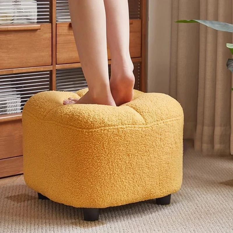 Contemporary Nordic Square Sherpa Fabric Sponge Wood Low Stool Backless Armless For Entryway & Hallway