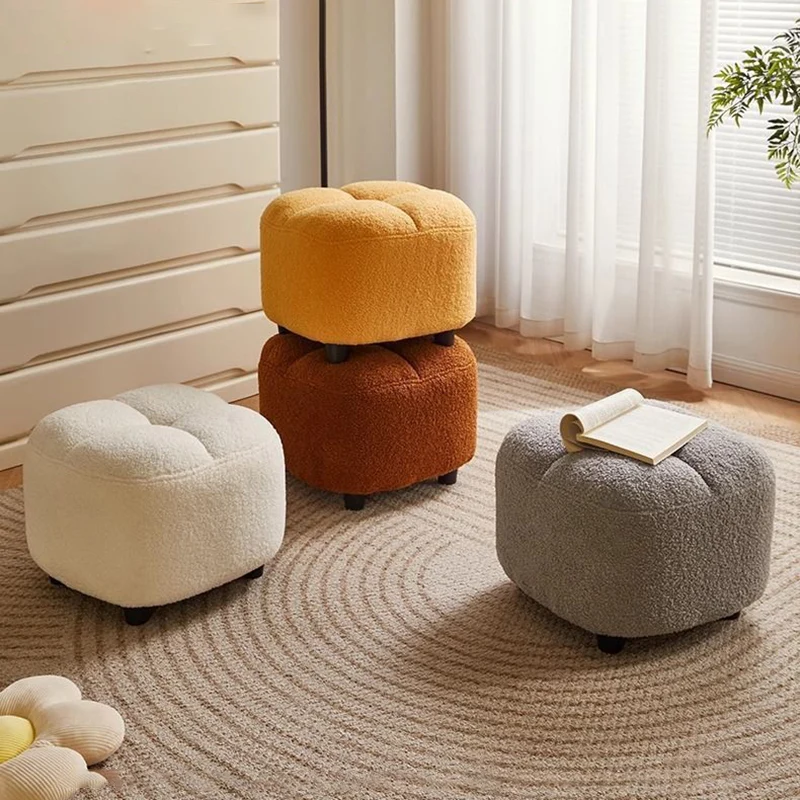 Contemporary Nordic Square Sherpa Fabric Sponge Wood Low Stool Backless Armless For Entryway & Hallway