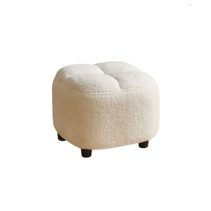 Contemporary Nordic Square Sherpa Fabric Sponge Wood Low Stool Backless Armless For Entryway & Hallway