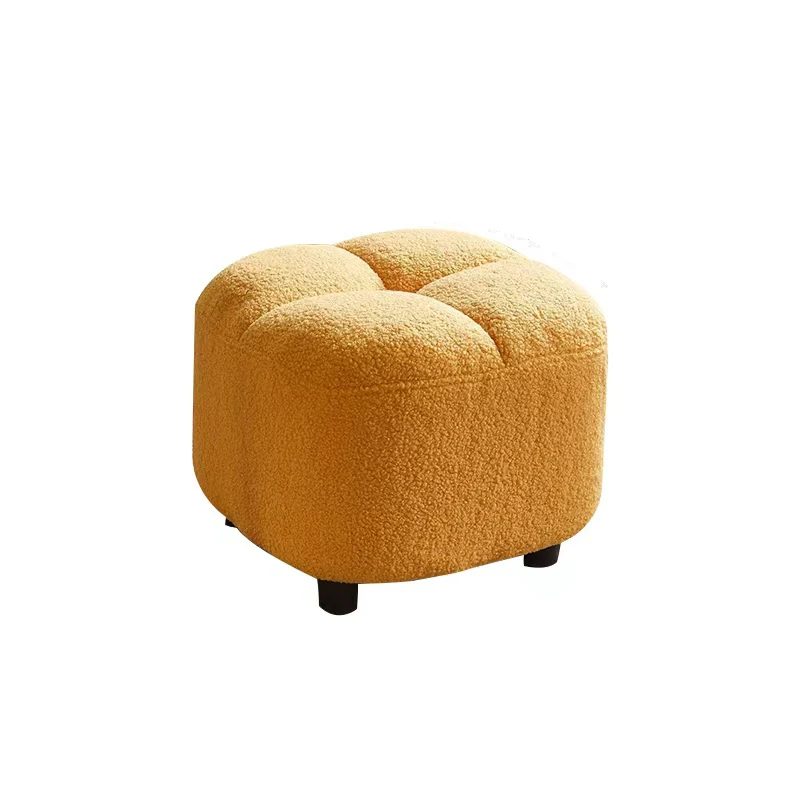 Contemporary Nordic Square Sherpa Fabric Sponge Wood Low Stool Backless Armless For Entryway & Hallway