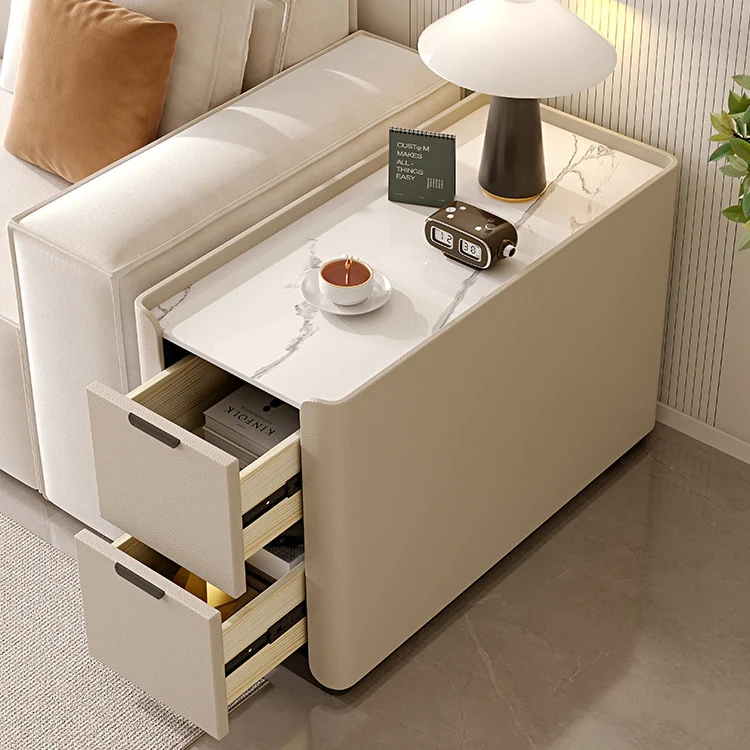 Contemporary Scandinavian Sintered Stone Microfiber Leather MDF Pine Wood Rectangular Nightstand With 2 Drawers For Bedroom