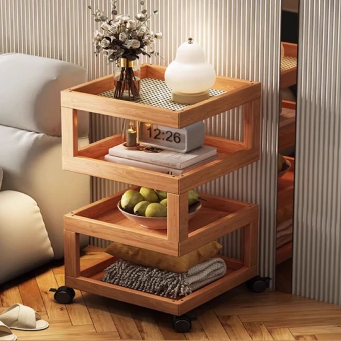 Contemporary Creative Bamboo Glass Woven Resin Rattan Movable Square Side Table With 3/4 Tiers For Living Room