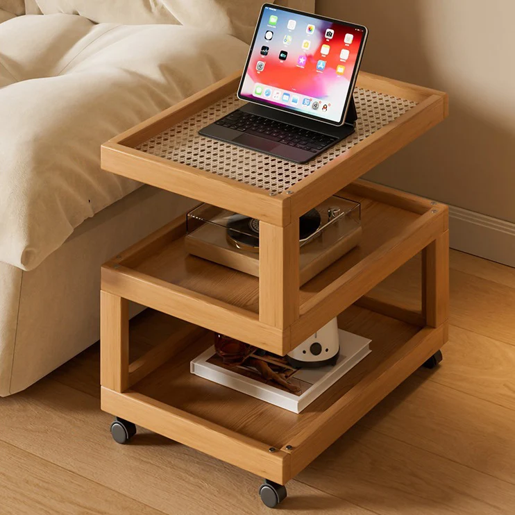 Contemporary Creative Bamboo Glass Woven Resin Rattan Movable Square Side Table With 3/4 Tiers For Living Room