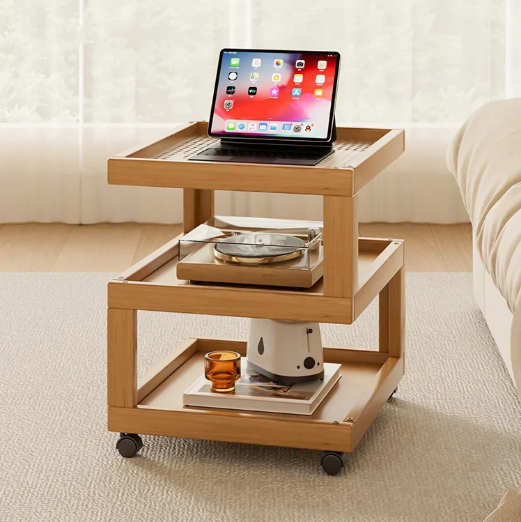 Contemporary Creative Bamboo Glass Woven Resin Rattan Movable Square Side Table With 3/4 Tiers For Living Room