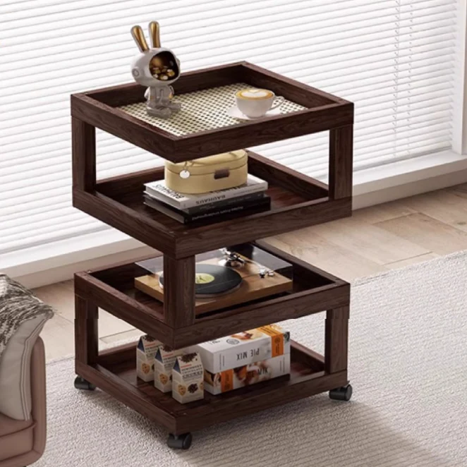 Contemporary Creative Bamboo Glass Woven Resin Rattan Movable Square Side Table With 3/4 Tiers For Living Room