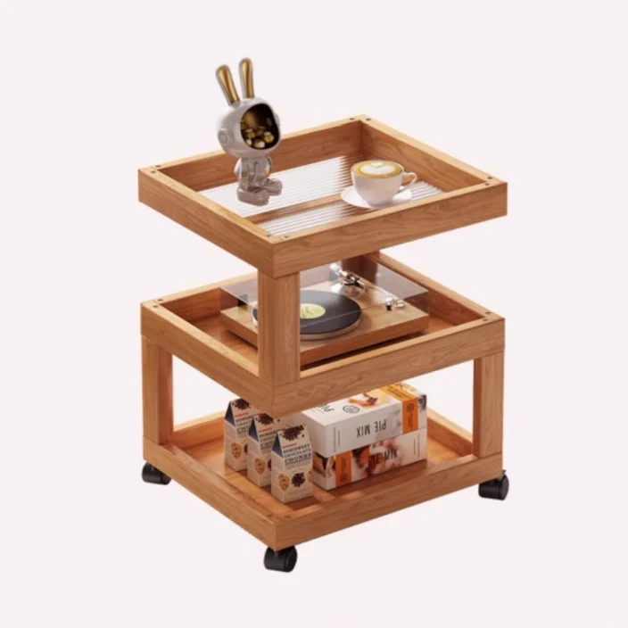 Contemporary Creative Bamboo Glass Woven Resin Rattan Movable Square Side Table With 3/4 Tiers For Living Room