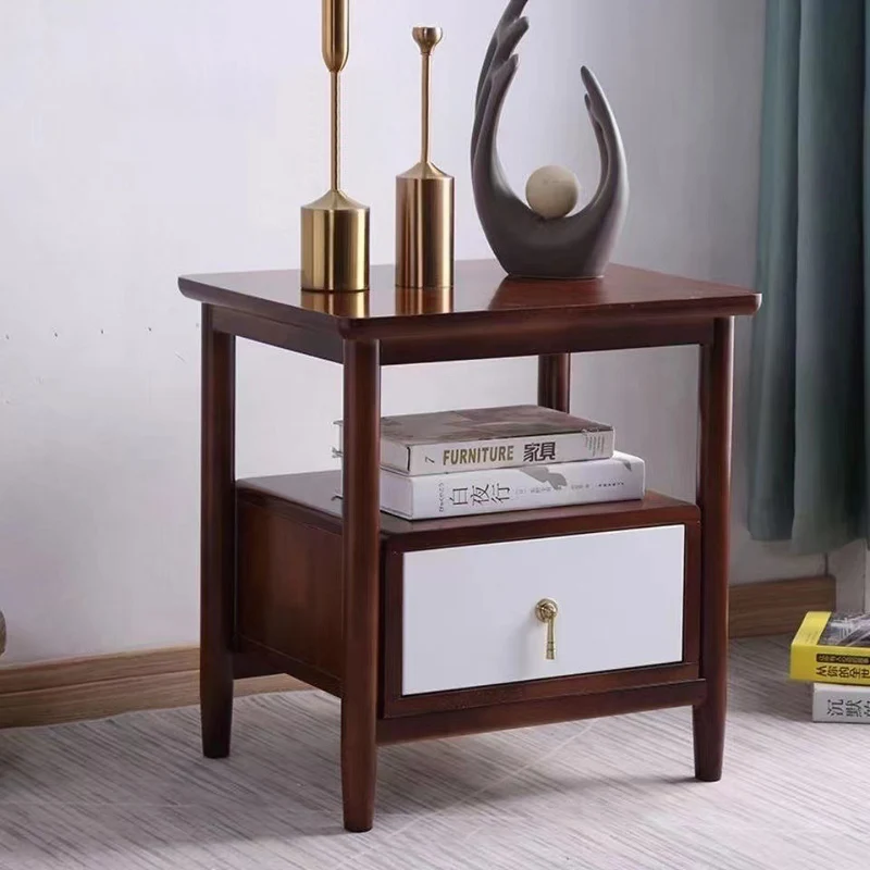 Traditional Chinese Solid Wood Plywood Cylindrical Square Nightstand With 1 Drawer For Bedroom
