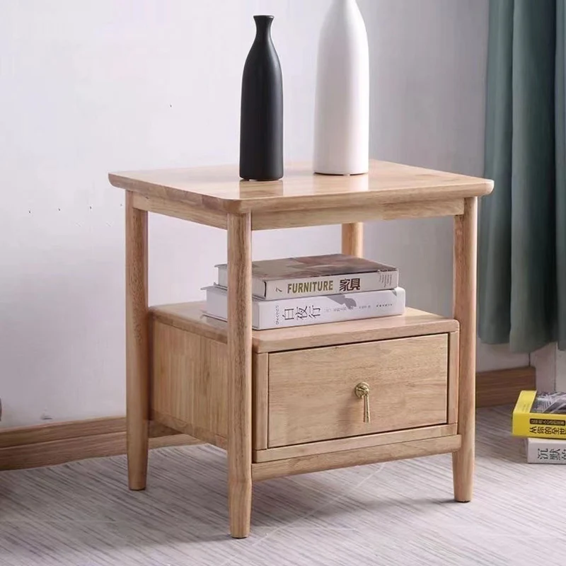 Traditional Chinese Solid Wood Plywood Cylindrical Square Nightstand With 1 Drawer For Bedroom