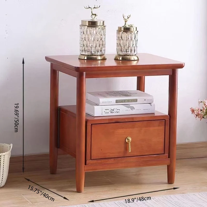 Traditional Chinese Solid Wood Plywood Cylindrical Square Nightstand With 1 Drawer For Bedroom