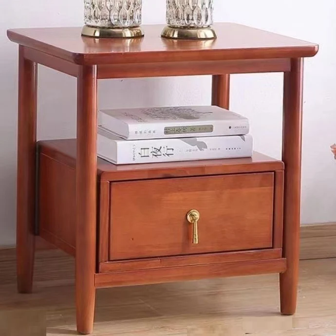 Traditional Chinese Solid Wood Plywood Cylindrical Square Nightstand With 1 Drawer For Bedroom
