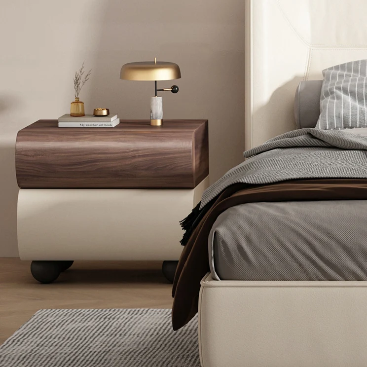 Contemporary Creative Solid Wood Faux Leather Carbon Steel Curved Spherical Nightstand 2 Drawers For Bedroom