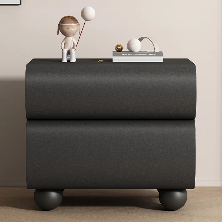 Contemporary Creative Solid Wood Faux Leather Carbon Steel Curved Spherical Nightstand 2 Drawers For Bedroom