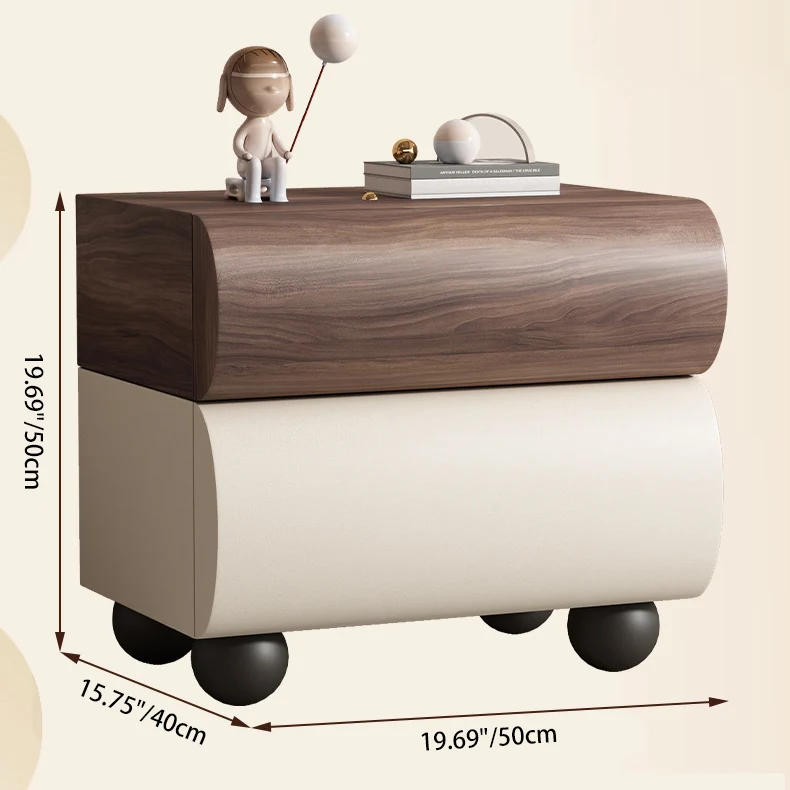 Contemporary Creative Solid Wood Faux Leather Carbon Steel Curved Spherical Nightstand 2 Drawers For Bedroom