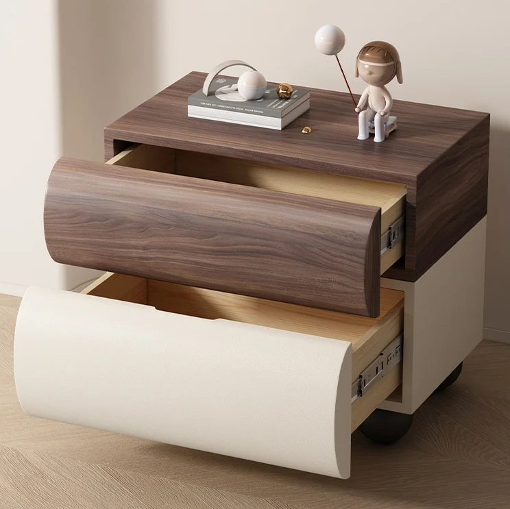 Contemporary Creative Solid Wood Faux Leather Carbon Steel Curved Spherical Nightstand 2 Drawers For Bedroom