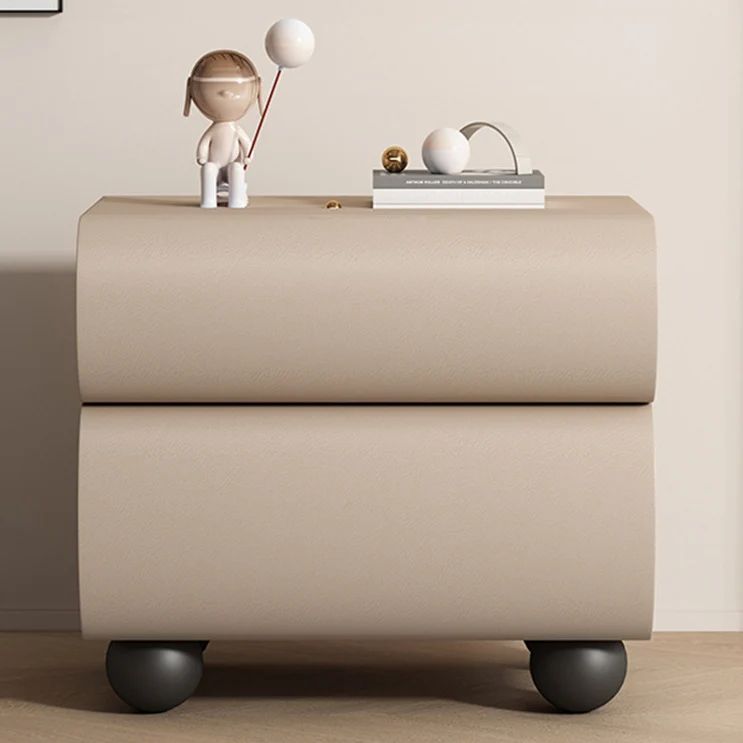 Contemporary Creative Solid Wood Faux Leather Carbon Steel Curved Spherical Nightstand 2 Drawers For Bedroom