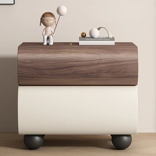 Contemporary Creative Solid Wood Faux Leather Carbon Steel Curved Spherical Nightstand 2 Drawers For Bedroom