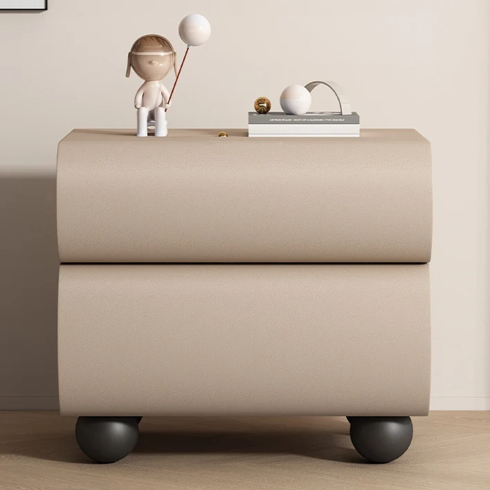 Contemporary Creative Solid Wood Faux Leather Carbon Steel Curved Spherical Nightstand 2 Drawers For Bedroom