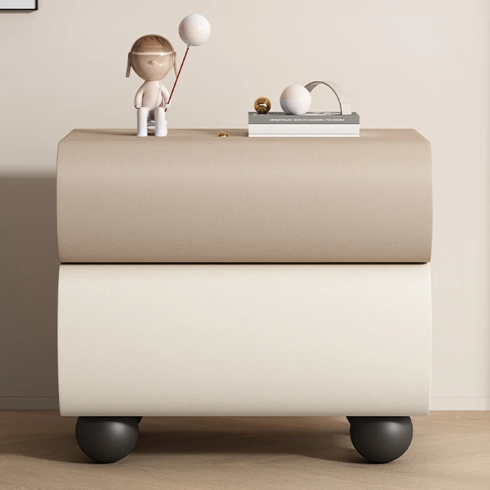 Contemporary Creative Solid Wood Faux Leather Carbon Steel Curved Spherical Nightstand 2 Drawers For Bedroom