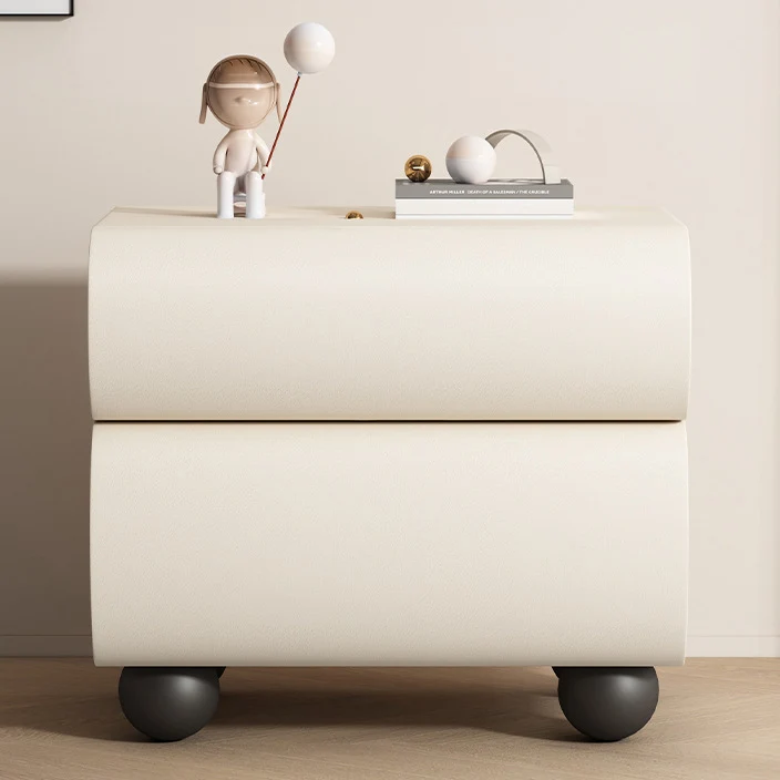 Contemporary Creative Solid Wood Faux Leather Carbon Steel Curved Spherical Nightstand 2 Drawers For Bedroom