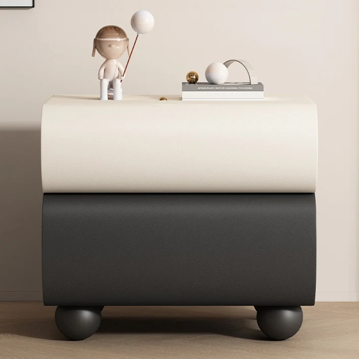 Contemporary Creative Solid Wood Faux Leather Carbon Steel Curved Spherical Nightstand 2 Drawers For Bedroom