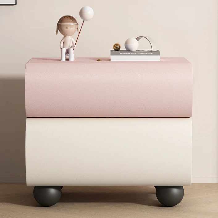 Contemporary Creative Solid Wood Faux Leather Carbon Steel Curved Spherical Nightstand 2 Drawers For Bedroom