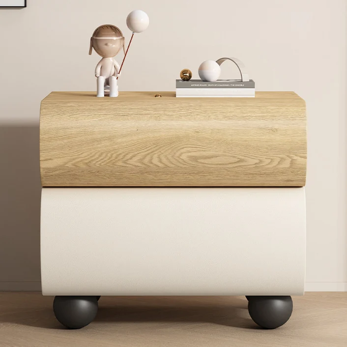 Contemporary Creative Solid Wood Faux Leather Carbon Steel Curved Spherical Nightstand 2 Drawers For Bedroom
