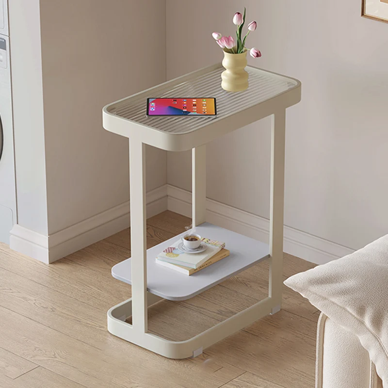 Contemporary Industrial Rectangular Carbon Steel Glass Rock Slab End Table 2 Tier For Living Room
