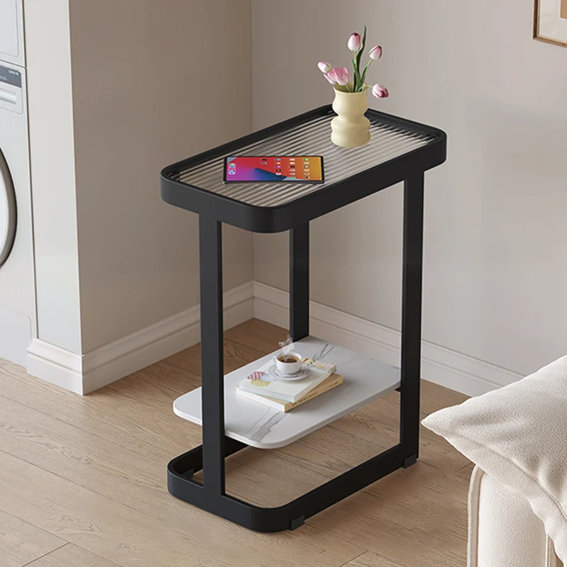Contemporary Industrial Rectangular Carbon Steel Glass Rock Slab End Table 2 Tier For Living Room