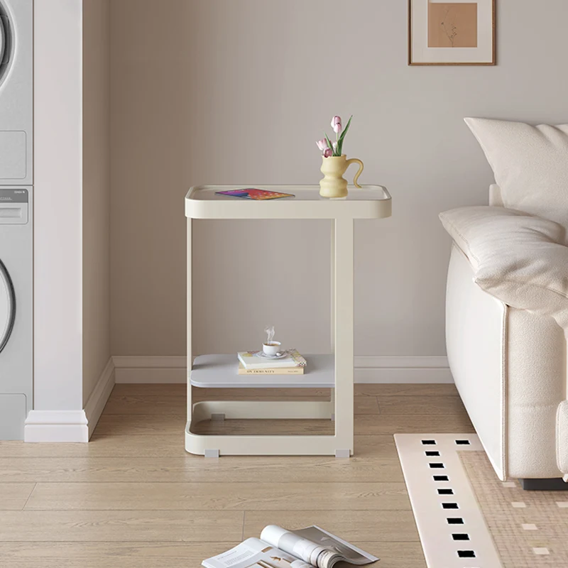 Contemporary Industrial Rectangular Carbon Steel Glass Rock Slab End Table 2 Tier For Living Room