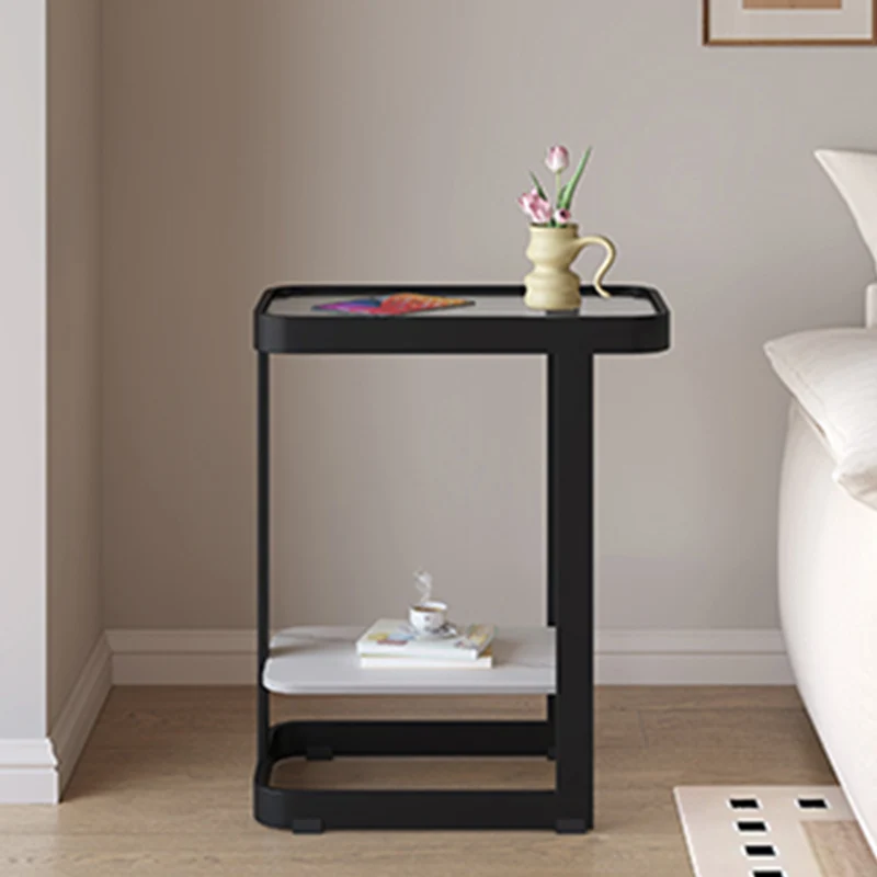 Contemporary Industrial Rectangular Carbon Steel Glass Rock Slab End Table 2 Tier For Living Room
