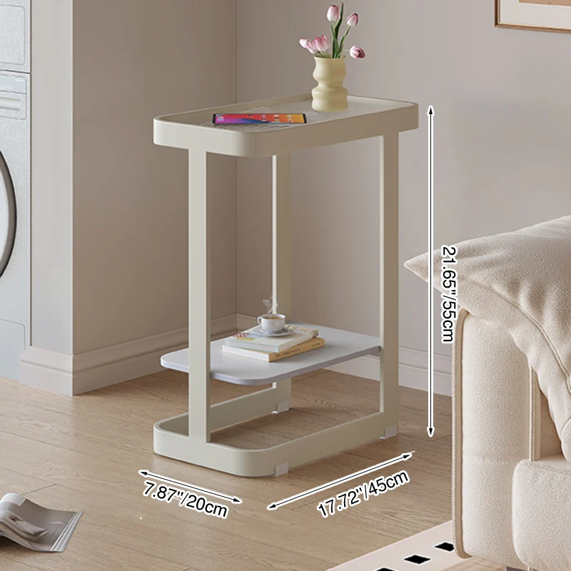 Contemporary Industrial Rectangular Carbon Steel Glass Rock Slab End Table 2 Tier For Living Room